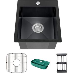 Black Kitchen Sink, Stainless Steel Drop In 15x17x9 Inch Single Bowl Topmount Kitchen And Bar Sink Combo-Stainless Grid,Drain Basket,Faucet Mat,Drain Strainer Set for Modern Style Kitchen&Bar