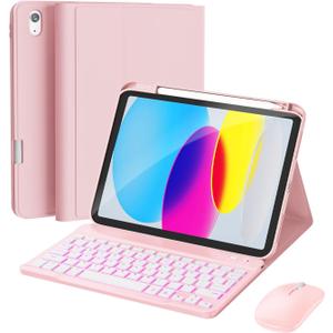 for iPad 11th (A16, 2025) / 10th Generation Case with Keyboard, Mouse and Detachable Wireless Keyboard, 7-Color Backlight, Slim Case with Pencil Holder, Light Pink