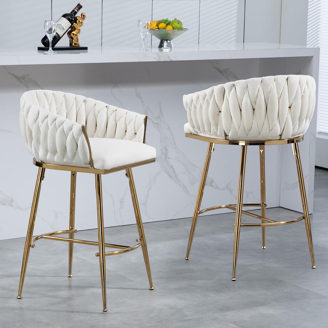 KEIKI 26" Velvet Bar Stools Set of 2 Modern Counter Height Bar Stools with Hand-Wave Back, Velvet Kitchen Island Stools Bar Chairs with Golden Chromed Base & Footrest for Kitchen Dining Room, Beige