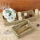 Bathroom Vanity Tray, Seagrass Narrow Counter Tray with Handles, Decorative Woven Organizer Trays for Toilet Tank, Shelves, Farmhouse Hand Towels Basket Holder for Storage, Natural (Small)