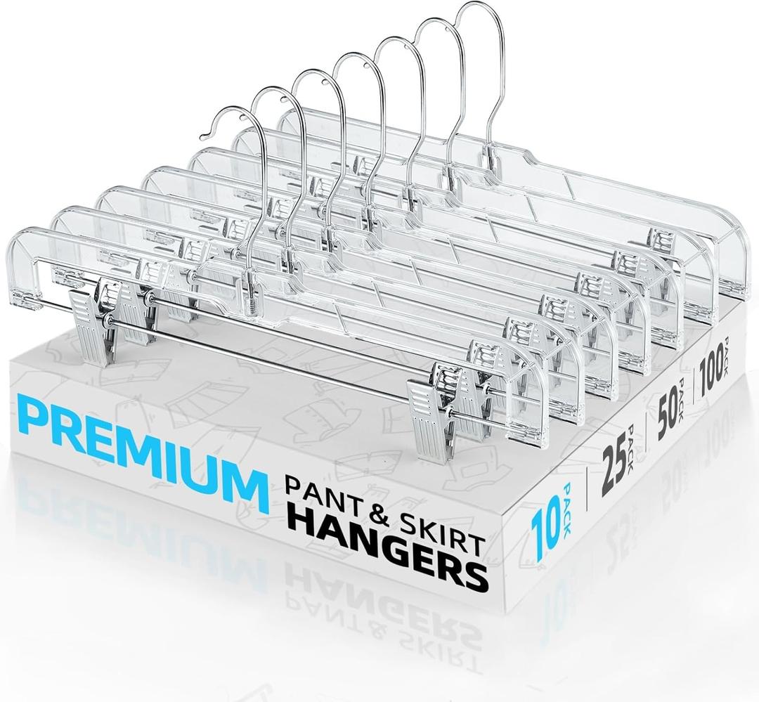 HOUSE DAY Clear Skirt Hangers with Clips, Non-Slip Plastic Pant Hanger with 2 Adjustable Clips, Upgraded Clip Hanger for Pants, Skirts, Shorts, 14" Clear Hangers 10 Pack, 360-Rotating Swivel Hook