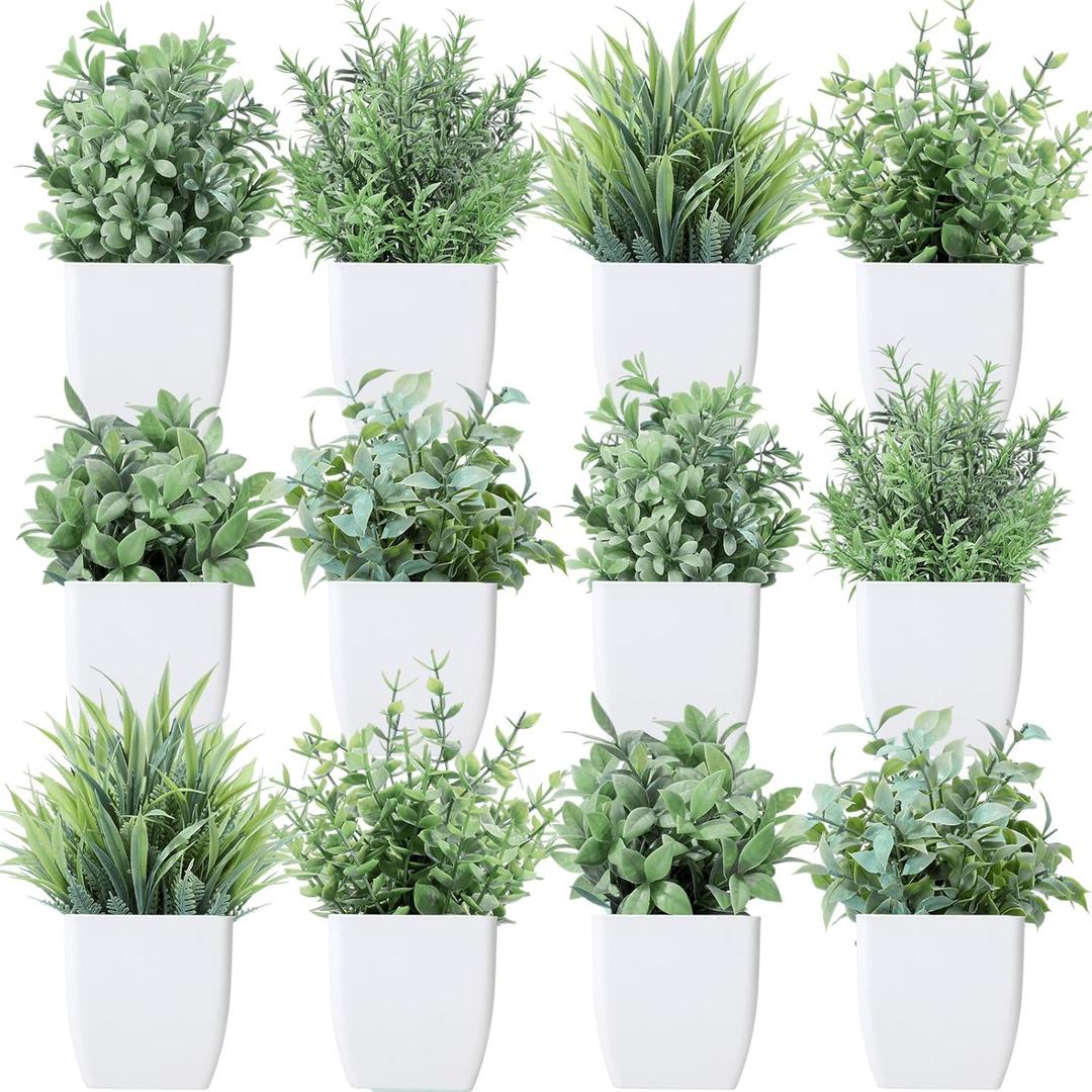 Unittype 12 Pcs Fake Plants Small Artificial Faux Plants for Shelf Mini Plastic Potted Greenery for Home Office Desk Bathroom Bedroom Indoor Decor (Gray) (Grey)