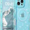 FABSPARK Case for iPhone 16 Pro Max,Compatible with MagSafe,Magnetic Clear Curly Wavy Frame Wave Case with Sparkly Bling Glitter,Transparent Acrylic Hard PC for iPhone 16 Pro Max,Glitter Clear Blue