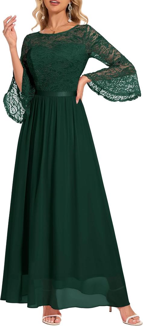 Wedtrend Women's Formal Dresses 2025 Wedding Guest Dress Bell Sleeve Bridesmaid Dresses Maxi Evening Dress (Dark Green), Small