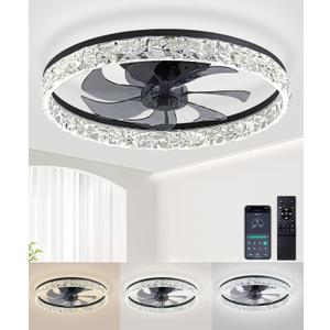 Ceiling Fans with Lights and Remote, 20" Flush Mount Ceiling Fans, Stepless Color Temperature Change and 6 Speeds, for Bedroom, Kids Room, Black (1141- Black)