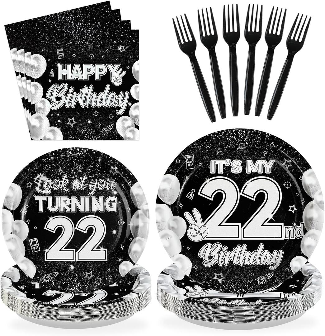 96Pcs 22nd Birthday Decorations for Men Women Black White 22nd Birthday Party Plates Disposable Look at You Turning 22 Paper Tableware Set for Happy 22 Year Old Party Supplies Serves 24