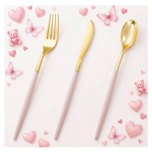 72 Items, Pink Plastic Silverware,Gold Disposable Flatware with Pink Handle, Gold Plastic Cutlery Set Includes: 24 Forks, 24 Knives and 24 Spoons, Tableware Set for Party and Wedding