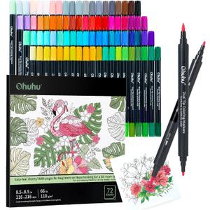 Ohuhu Markers Brush Tip 80-colors with 72-sheet Coloring Book - Double Tipped Markers for Adults Coloring Books - Art Marker Set Bundles with 100% Bleed-proof Pages - Fine & Brush Dual Tips