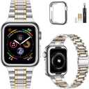 MioHHR Solid Stainless Steel Band Compatible with Apple Watch 45mm, Metal Strap with Soft TPU Case for iWatch Series 9 8 7 45mm Women and Men, Silver/Gold