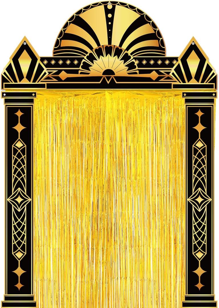 Peryiter 5 Pcs 1920s Party Decorations with Gold Foil Curtain Backdrop Roaring 20's Themed Backdrop Awards Night Party Decor for Vintage Black Gold Art Event for Halloween, New Year, Birthday