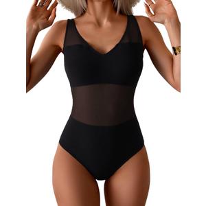 One Piece Swimsuit for Women Mesh Tummy Control Bathing Suit V Neck Slimming Swimwear (Large, Black)