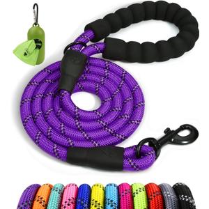 Taglory Rope Dog Leash 6 FT with Comfortable Padded Handle, Highly Reflective Threads Leash and Anti-Tangle Clip for Walking Medium Large Dogs, 1/2 inch, Purple