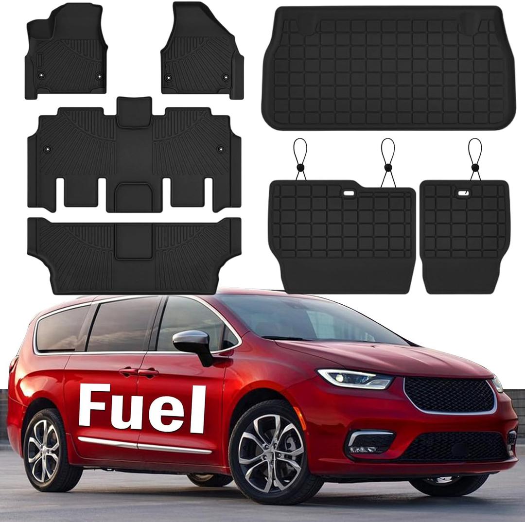 Floor Mats & Trunk Mat Fit for 2017-2025 Chrysler Pacifica Fuel Version Fit 7&8 Seat(Non Hybrid & Pinnacle Model),All Weather Protection TPE, Anti-Slip Floor Liner for Pacifica Accessorie
