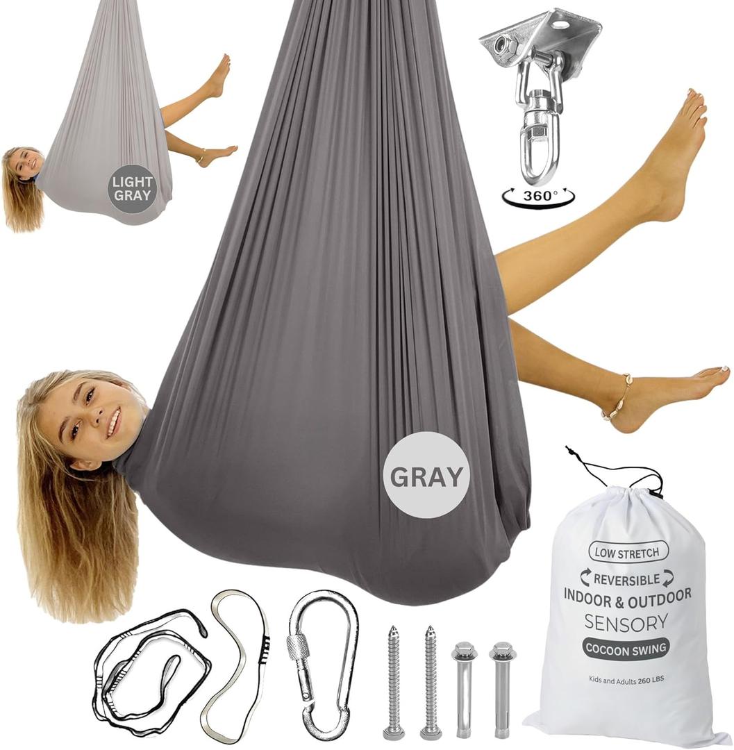 Double Layer Reversible Sensory Swing| Outdoor and Indoor Swing For Kids and Adults Up to 260 lbs | Autism Cocoon Swing | Kids Sensory Swing (Gray/Light Gray)