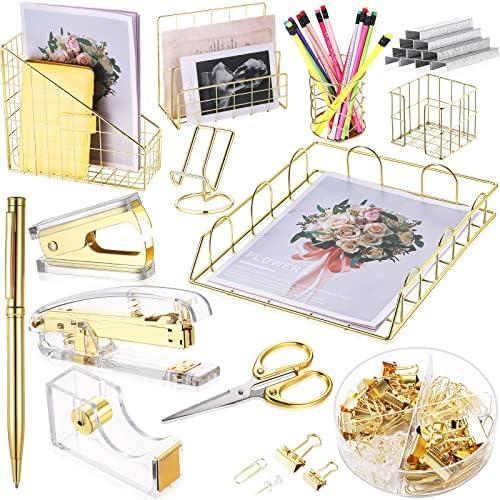 Yaomiao 13 Pcs Desk Accessories Kit Organizer Office Supplies Women Back to School Gift Acrylic Stapler Staple Remover Tape Holder Pen Cup Magazine File Letter Clip Phone Holder Scissor(Gold)