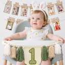 1st Birthday Highchair Banner Decorations Wild One High Chair Banner With Green Tassel Garland Crown Hat Wild One Cake Topper Baby Photo Banner Photoshoot Props Photo Props(Green)
