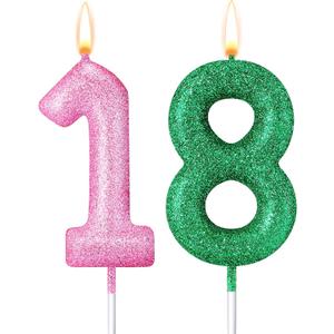 18th Witch Theme Party Glitter Birthday Candles Pink and Green Number Candles Cake Topper Decorations for Birthday Wedding Anniversary Celebration Supplies
