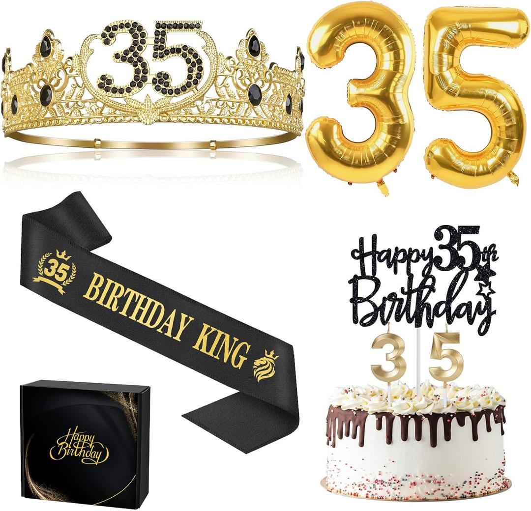 35th Birthday Gifts for Men, 35th Birthday Decorations for Men, Party Decor Supplies Including King Crown & Sash & Balloons & Cake Topper & Candles