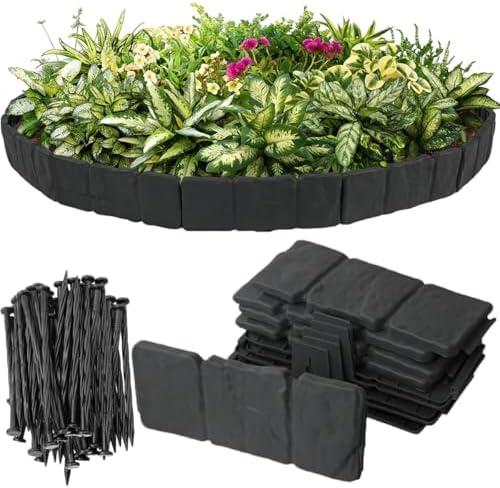 Garden Edging 30pcs, 4IN Tall Plastic Landscape Edging Borders (Total 24FT) | Garden Mini Fence with 30pcs Anchoring Spikes, Stone-Like Textured Small Garden Fence for Flowerbeds, Yard, Pathway, Black