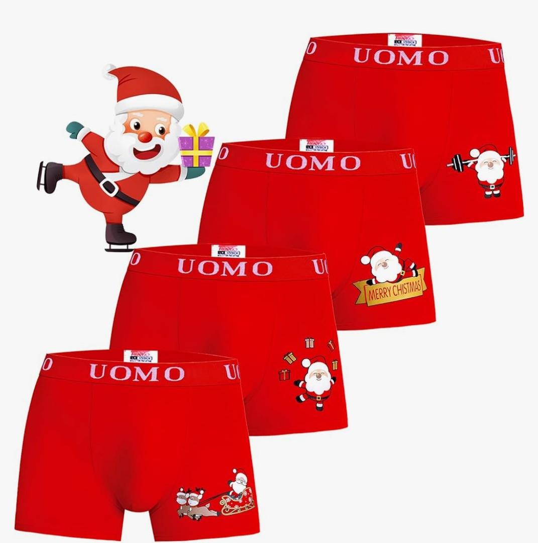 POWER UNICO FLOWER Boys Christmas Boxer Briefs Underwear 4-Pack – Soft Cotton Trunks, Red Holiday Underpants, 12-14Y