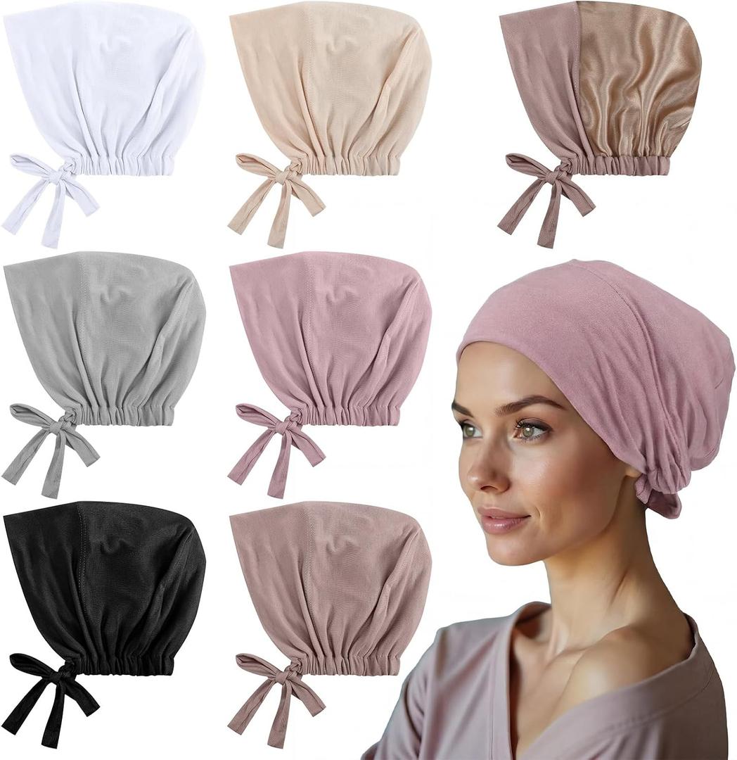 Cuffbow 6 Pcs Satin Lined Hijab Undercap for Women Muslim Turban Hijab Hat Inner Islamic Headwear Bonnet for Hat Sleep Cap