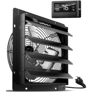 HG Power 16 Inch Attic Fan with Thermostat, 1681 CFM Shutter Exhaust Fan with Smart Temperature Humidity Controller, Wall Mounted Greenhouse Fan with EC Motor for Garage, Shed Ventilation, Black