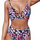 CUPSHE Women's Bikini Sets Two Piece Swimsuit High Waisted V Neck Twist Front Adjustable Spaghetti Straps Bathing Suit L