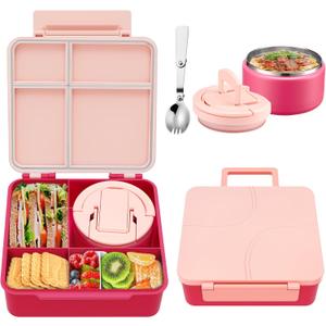 Bento Lunch Box for Kids with 8oz Soup Thermo,Kids Leakproof Lunch Food Containers with 4 Compartment,Kid Insulated Thermo Hot Food Jar for School,Trvael-Pink