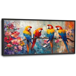 Extra Large Framed Parrot Bird Wall Art, Oversized Abstract Colorful Parrots Flower Wall Decor Pictures for Living Room, Canvas Print Painting Modern Artwork Bedroom Office Bathroom Home Decor 60L x30W