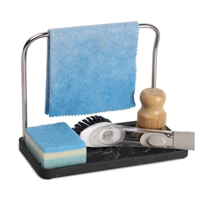 zccz Sponge Holder - Kitchen Sink Organizer Tray Stainless Steel Dish Cloth Hanger Soap Dispenser Brush Holder Caddy, Black Marble Look