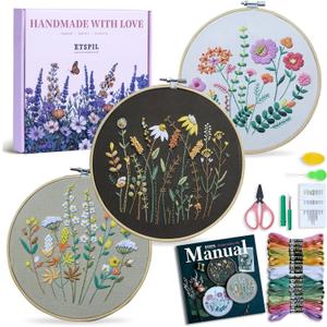 ETSPIL Pack of 3 Beginner Embroidery Kits for Adults, DIY Starter Set with Stamped Flower Designs, Embroidery Hoop, Colorful Threads, Tools, Step-by-Step Instructions & Video Tutorial