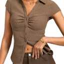 Women Ruched Button Down Shirt Collared Fitted Business Dressy Casual Top | Cropped Y2K Button Up Shirt, V Neck Cap Sleeve Blouse, Versatile for Work, Summer, Casual & Going Out Outfits (Blue, S)