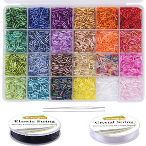 EuTengHao 9600pcs Tube Beads Kit Glass Bugle Seed Beads Small Craft Beads for DIY Bracelet Necklaces Crafting Jewelry Making Supplies with Two Crystal String (7mm, 400 Per Color, 24 Colors)