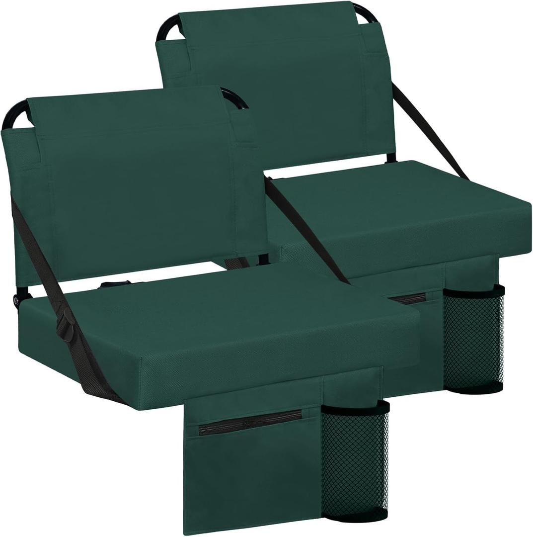 Stadium Seat for Bleachers with Back Support and Wide Padded Cushion Stadium Chair - Includes Shoulder Strap and Cup Holder (Green,2 Pack)