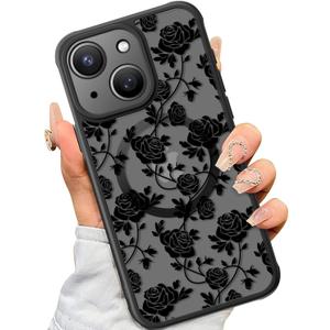 SEXYMOM Magnetic for iPhone 15 Case - Wireless Charging Compatible,Military Drop Tested Cover,Cute Floral Design for Women and Girls,Slim Fit Translucent Matte Phone Case - Roses