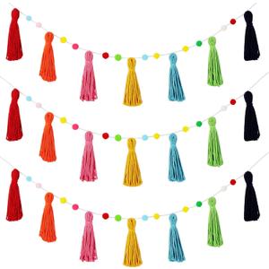 Syhood 3 Pcs Colorful Pom Pom Tassel Garland Classroom Each 50'' Boho Rainbow Felt Garlands Tassel Banner Birthday Baby Shower Boho Decoration for Nursery Wall Bedroom Home Decor(Rich Colors)