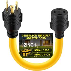 Tellegloww NEMA L6-30P to L14-30R 30 Amp Generator Adapter Cord, Generator Transfer Switch, House Inlet Box Adapter, STW 10 AWG/3C, 1ft, ETL Listed