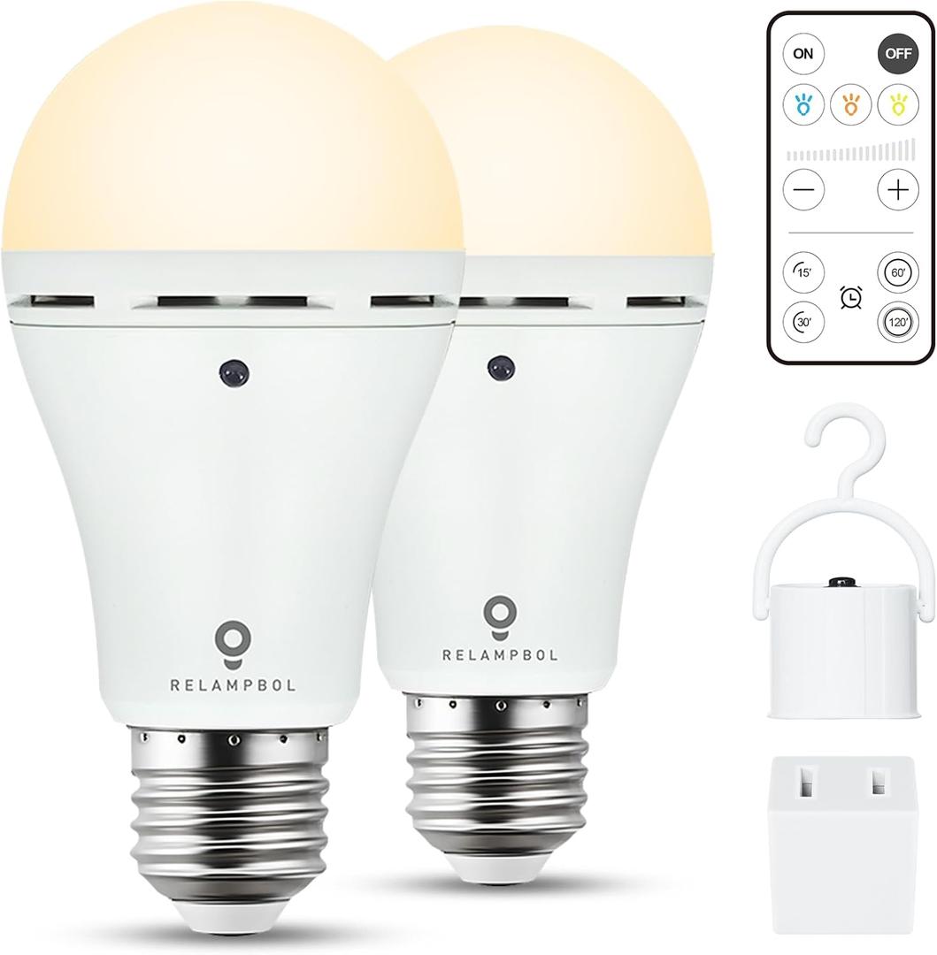 2 Pack Rechargeable Emergency Light Bulbs with Remote Timer and 3 Color Temperatures, Battery Backup Bulb for Sconces and Lamps - Dimmable 9W Power Outage Blackout LED Bulbs