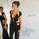 Molilove Women's Sexy Jumpsuits Short Sleeve Hollow Out Flare Pants Rompers Sexy One Piece Outfits Going Out (Black, M)