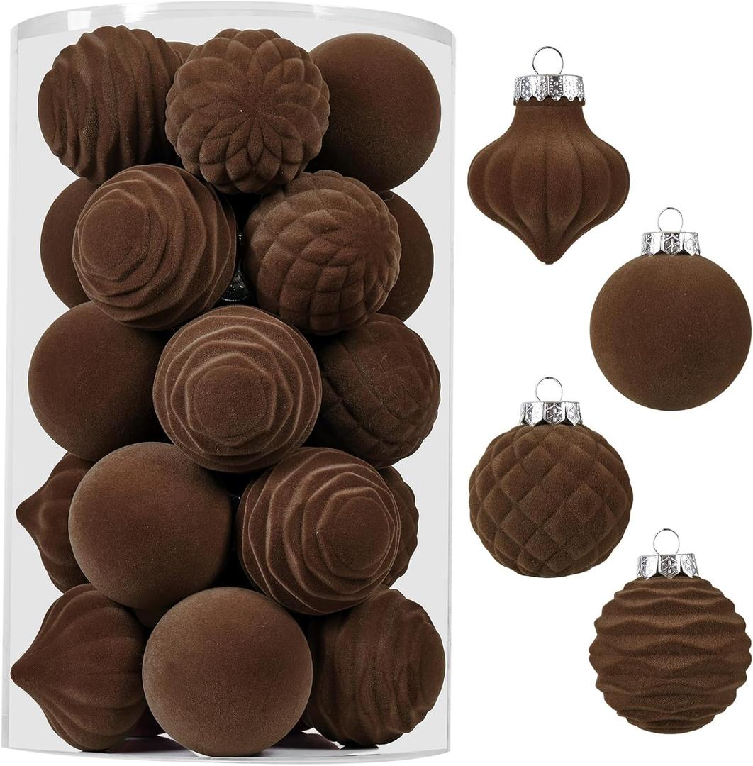 Wironlst Velvet Ornaments for Christmas Tree, 4 Style Flocked Matte Velvet Christmas Ball Ornaments, Shatterproof Decor for Xmas Tree Wedding Holiday Party Home (2.36" 25pcs Coffee)