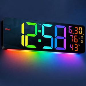 MASHI 17.3" Large Digital Wall Mount Clock, Digital Clock with Remote Control, Alarm, Big LED, RGB Color, DST, Temperature for Living Room Classroom Desk, Bedroom, Decor, Gift for Elderly (RGB)