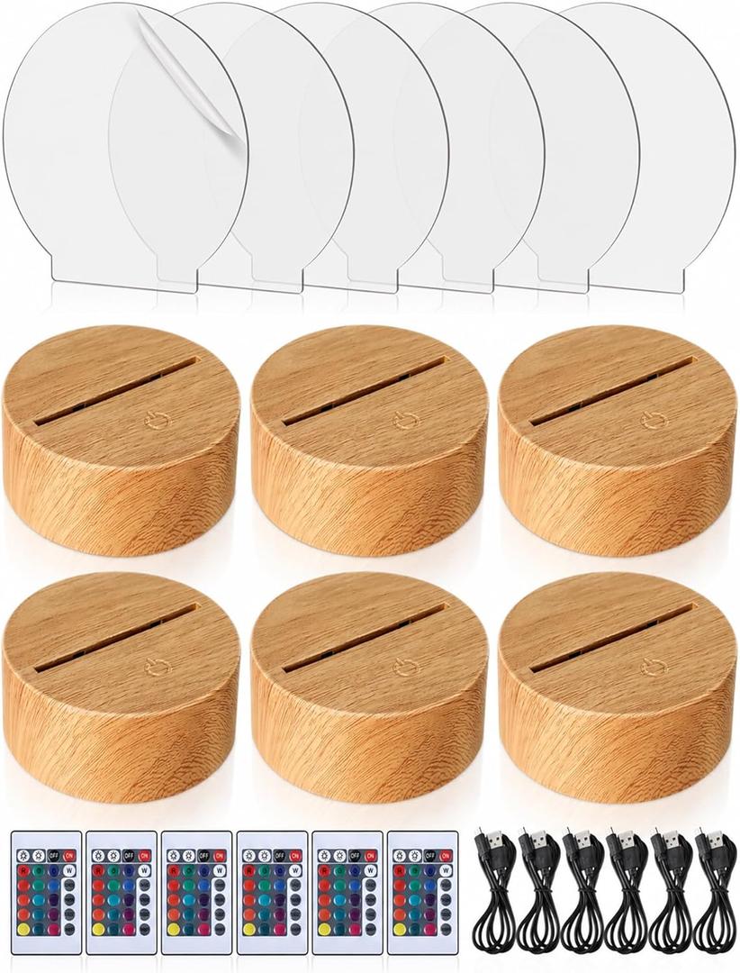 Baquler 6 Pcs Clear Acrylic Blank Sheets 6 Pcs 3D Night LED Light Lamp Base with Remote Control USB Cable 16 Color 4 Mode Wood Color DIY Lamp Base Set for Room Bar Decoration (Round)