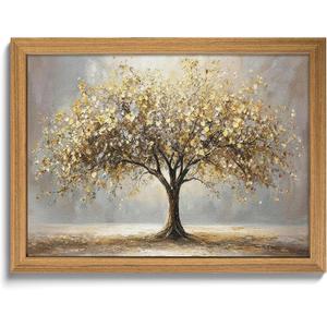 3D Textured Tree of Life Wall Art, Abstract Gold Tree Botanical Wall Decor, Modern Nature Landscape Sandstone Painting for living room Bedroom Bathroom Office 16x24 Inch Framed