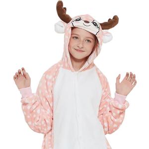 Kid Reindeer Onesie Pajamas Deer Halloween Costume Boy Girl Animal Onepiece (A - Pink, 12-14Years)