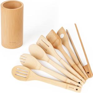 Naturoom Kitchen Utensils Set of 5 PCS, 12Inches Bamboo Wooden Cooking Spoon & Spatula Tools Perfect for Non-Stick Cookware (Bamboo 12inches)