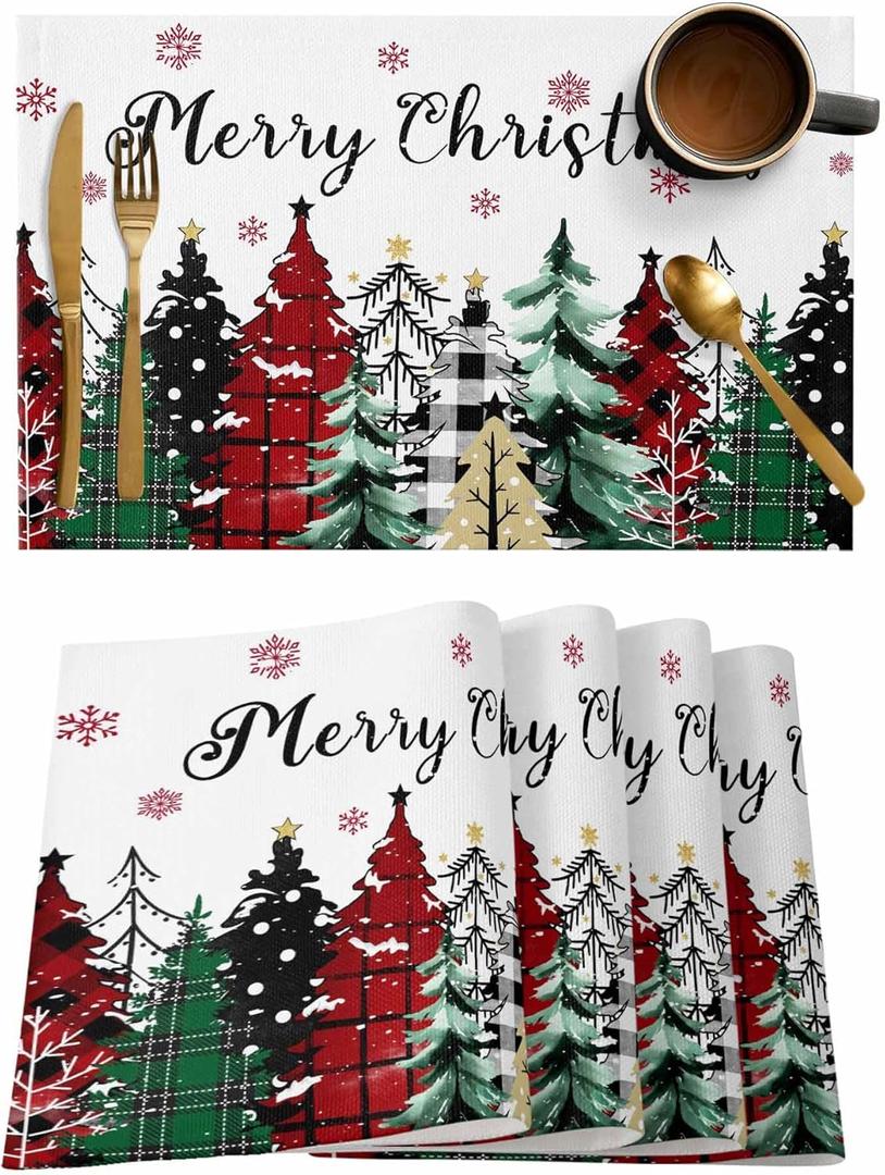 Merry Christmas Placemats Set of 6, Red Green Plaid Pine Tree Heat Resistant Washable Table Place Mats White Snowy Forest Winter Table Linens Party Holiday Decor for Kitchen Dining Outdoor Indoor (18x12 inch x6 pcs)