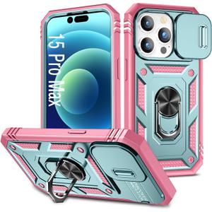 Case Compatible with iPhone 15 Pro Max, Shockproof Impact Resistant with Slide Lens Protective Cover Case for iPhone 15 Pro Max 6.7 inch (Pink Green)