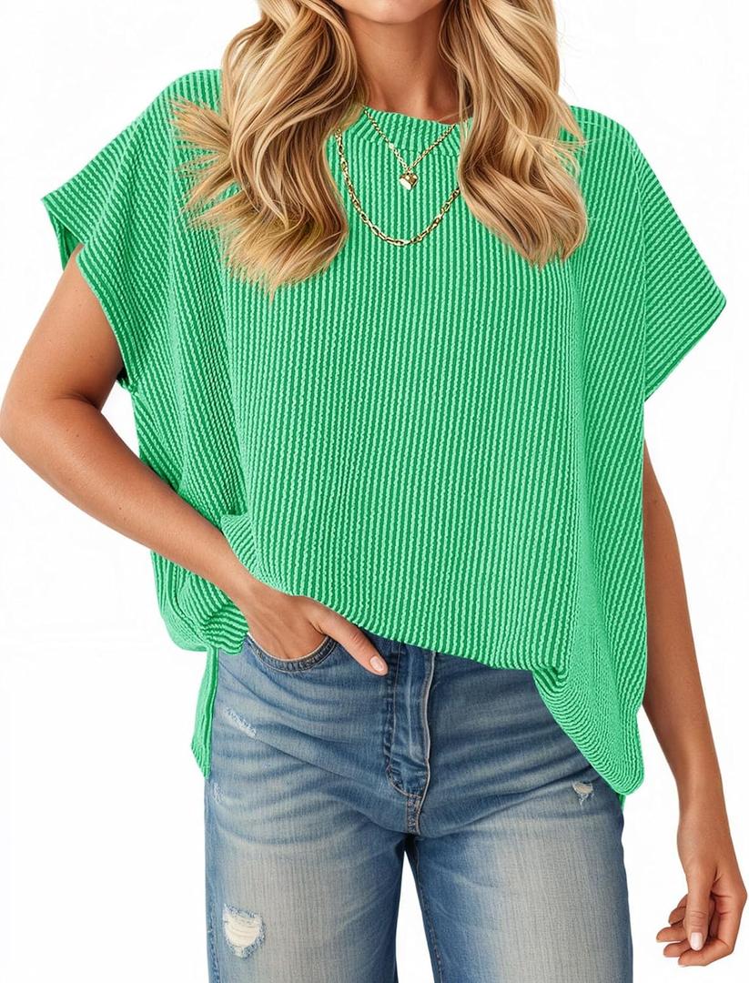 Tankaneo Womens Oversized T-Shirts Summer Casual Ribbed Knit Tunic Tops | Short Cap Sleeve,Textured,Loose Fit Tees,Side Slit,Crew Neck,Solid (Green, XL)