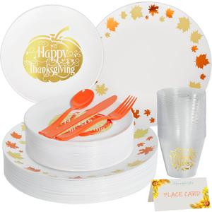 175pcs Thanksgiving Plastic Dinnerware for 25 Guests, 25 Fancy Thanksgiving Dinner Plate, 25 Gold Pumpkin Dessert Plates, 75 Orange Silverware, 25 Clear Cups and Cards