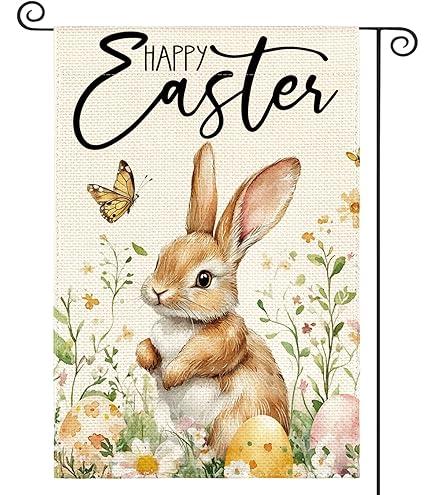 AVOIN colorlife Happy Easter Bunny House Flag 28x40 Inch Double Sided Outside, Floral Rustic Holiday Yard Outdoor Flag